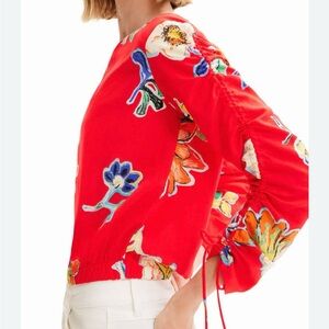 🔥🆕🔥 Desigual Floral Red Blouse with Ruched Sleeves